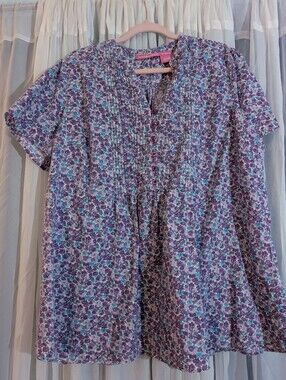 Woman Within 100% Cotton Purple Floral Pintuck Boho Blouse Large L